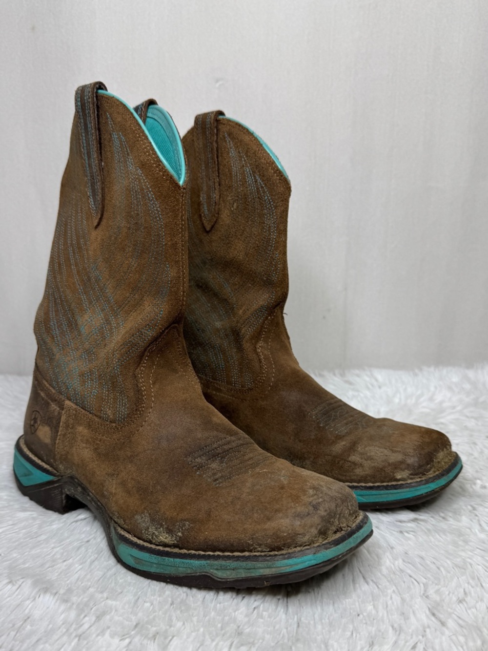 ARIAT / Anthem leather western brown teal blue embroidered boots / 7.5